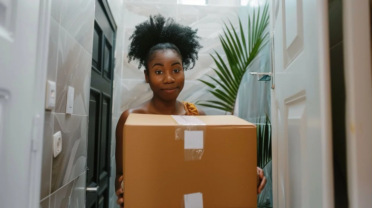a twenty-something black woman carrying a brown box into the bathroom of her new apartment on moving day