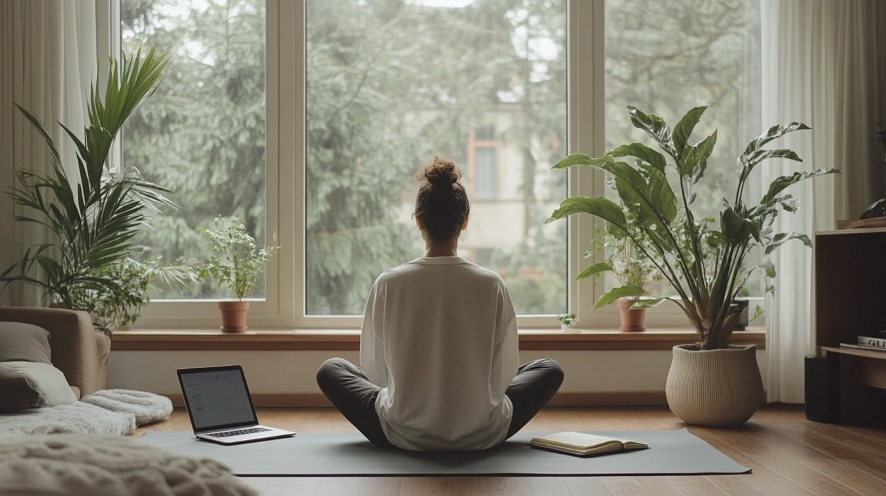 A serene, minimalist living room with clean lines and neutral colors. A person is sitting cross-legged on a yoga mat, surrounded by a few carefully chosen objects: a plant, a book, and a sleek laptop. The room has large windows letting in natural light, creating a calm and organized atmosphere that represents a decluttered life and simplified daily agenda.