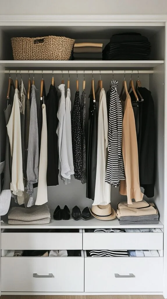 photo of minimalist wardrobe essentials in an organized closet with women's classic clothing