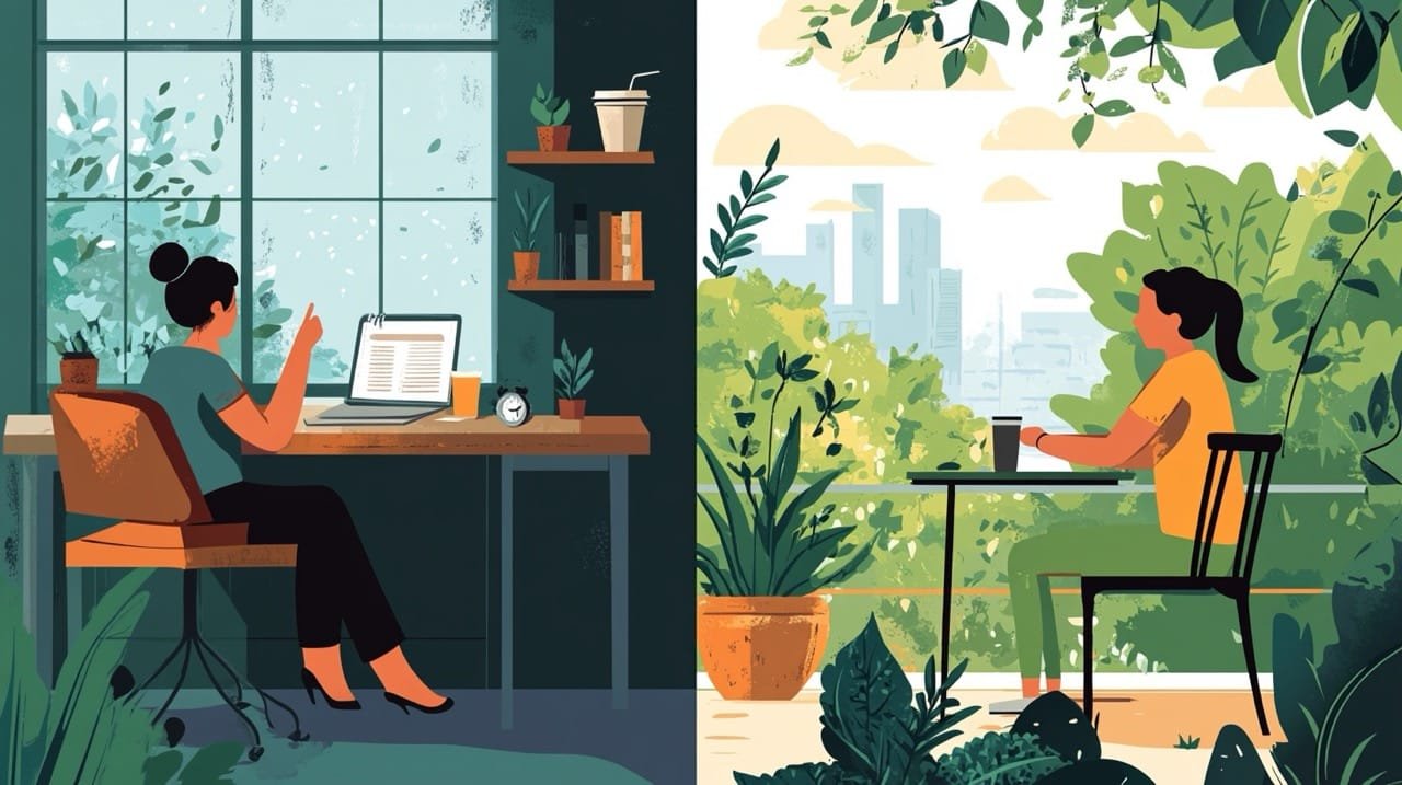 Two scenes in split-screen style: one with a stressed person at a desk, the other enjoying coffee outside