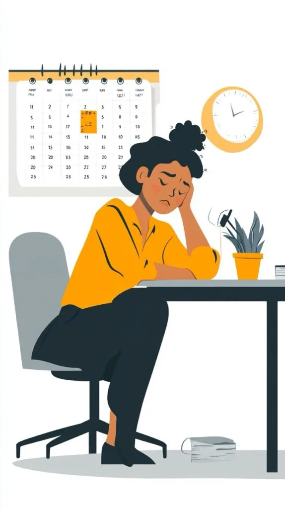 A person sitting at a desk with a tired expression, living for the weekend, calendar in the background highlighting the weekend days, flat minimalist style
