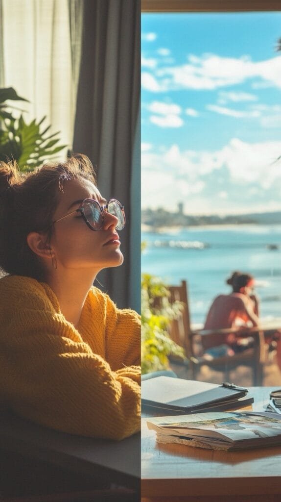 split-screen image: one side showing a person looking bored and tired at a desk during the week, the other side showing the same person enjoying outdoor activities on the weekend