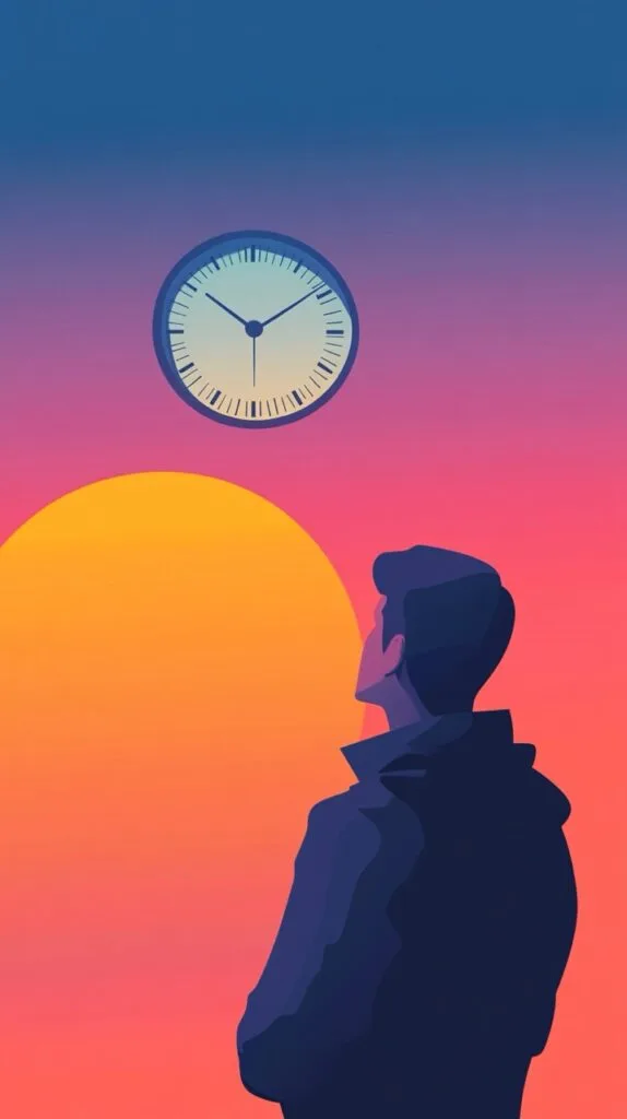 A figure looking at a clock, with a gradient sun rising behind them, flat style, clean lines