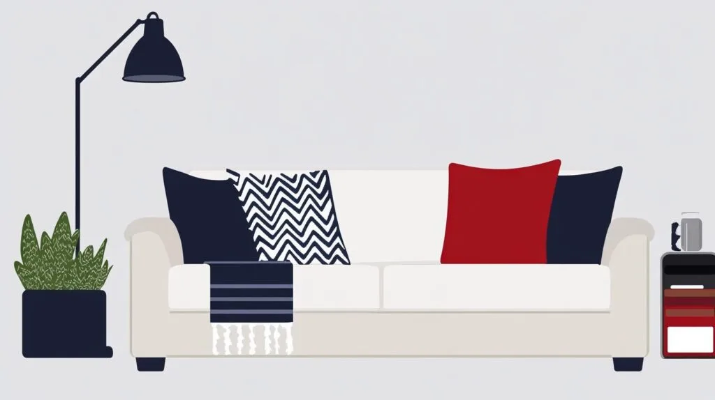 graphical drawing of a minimalist living room with neutral colors and simple decor, comfy couch, plant