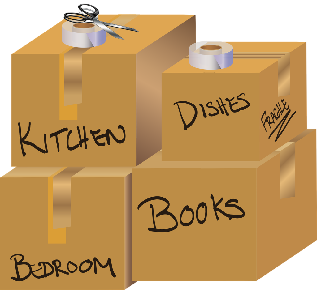 moving boxes labeled with different areas of the home