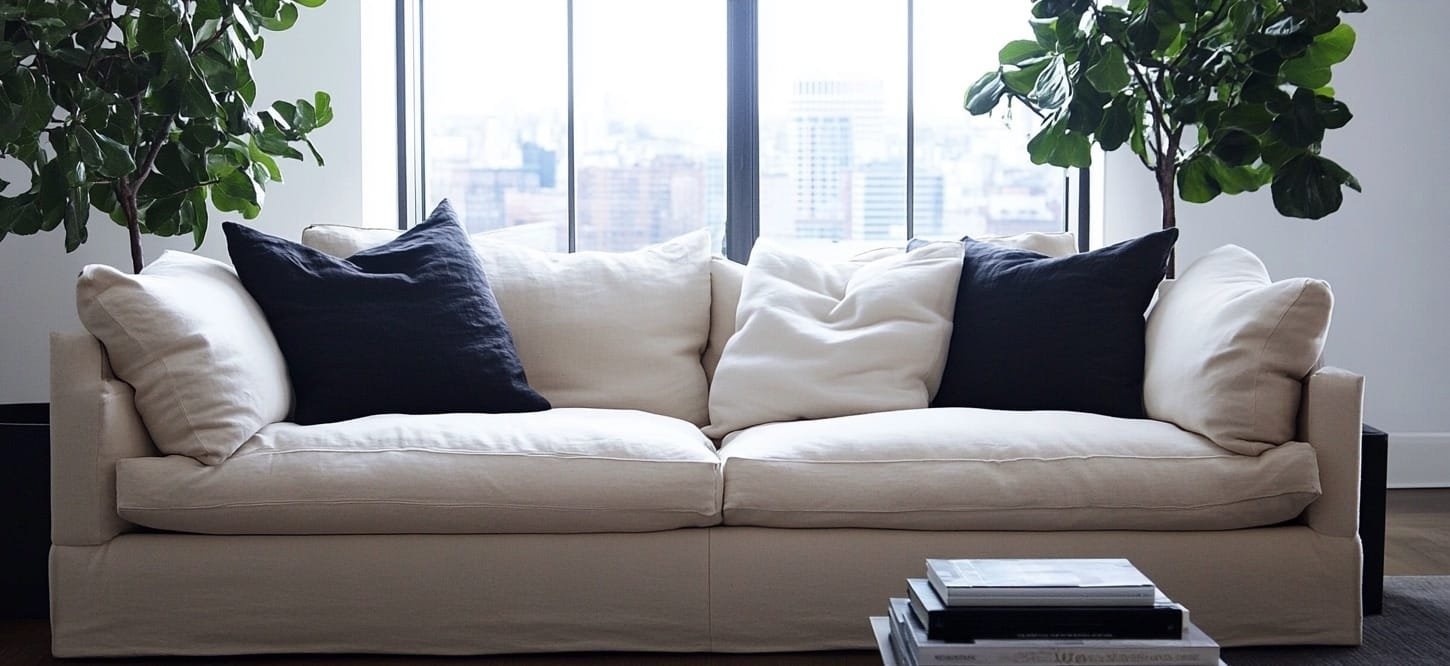 minimalist living room with neutral colors and simple decor, comfy couch, plant