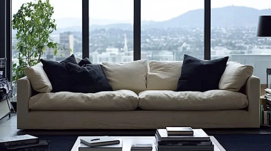 minimalist living room with neutral colors and simple decor, comfy couch, plant