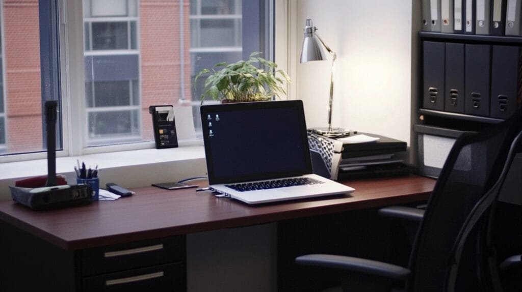 A tidy home office with a focus on productivity. Paperless organization.