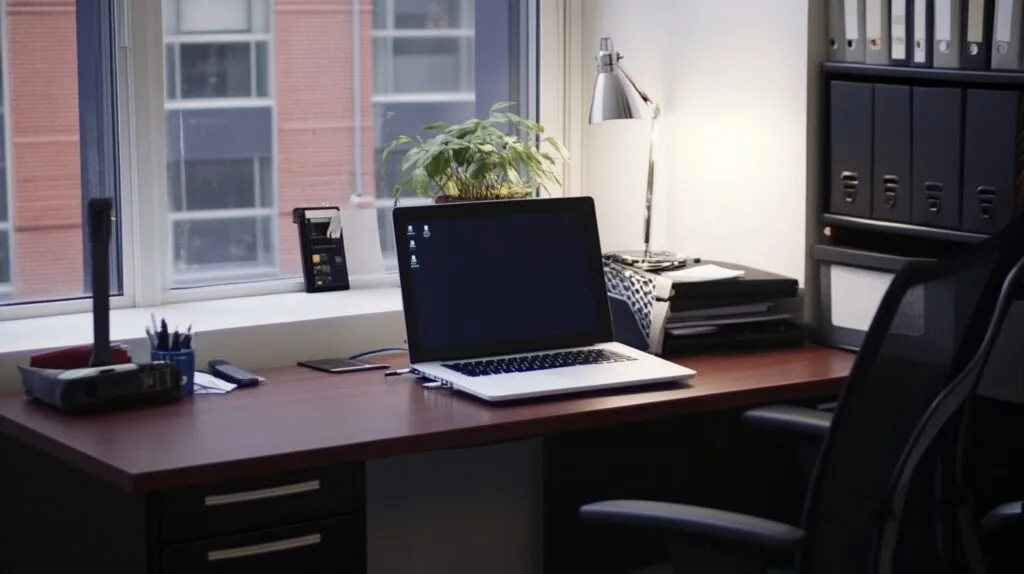 A tidy home office with a focus on productivity. Paperless organization.