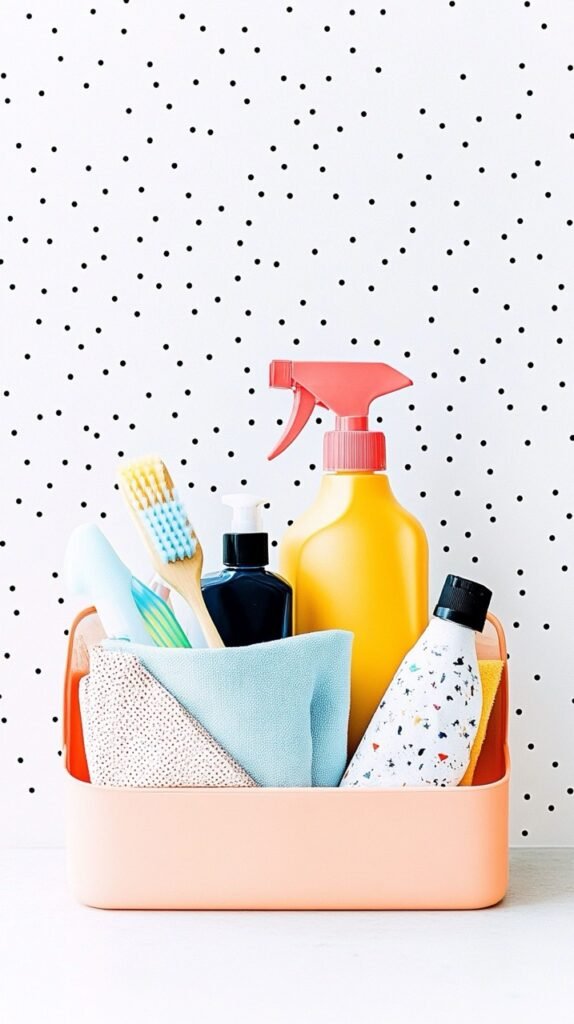simplified cleaning caddy of tools and supplies for a minimalist household