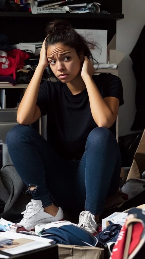 disgruntled young woman sitting on the floor amidst a mess, holding her head in her hands and wondering how to declutter effectively.