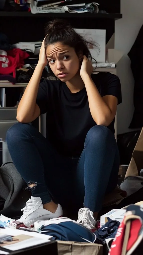 disgruntled young woman sitting on the floor amidst a mess, holding her head in her hands and wondering how to declutter effectively.