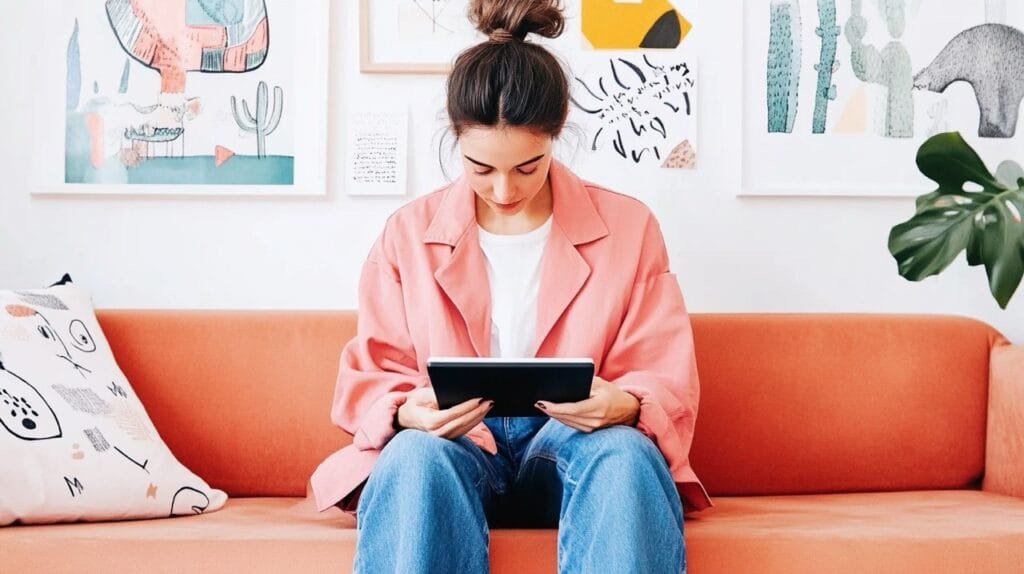 woman reading her Kindle on the sofa. Minimalist decor, clean and tidy setting