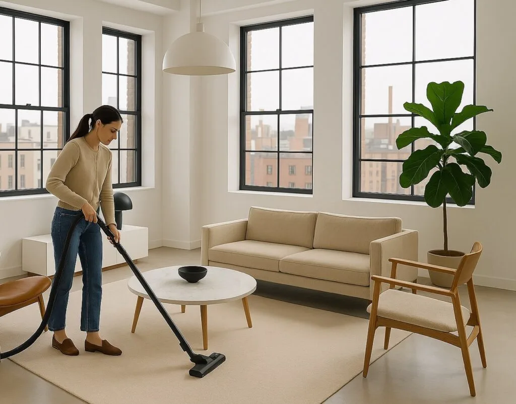 woman hoovering the area carpet in the living room of her minimalist modern loft condo
