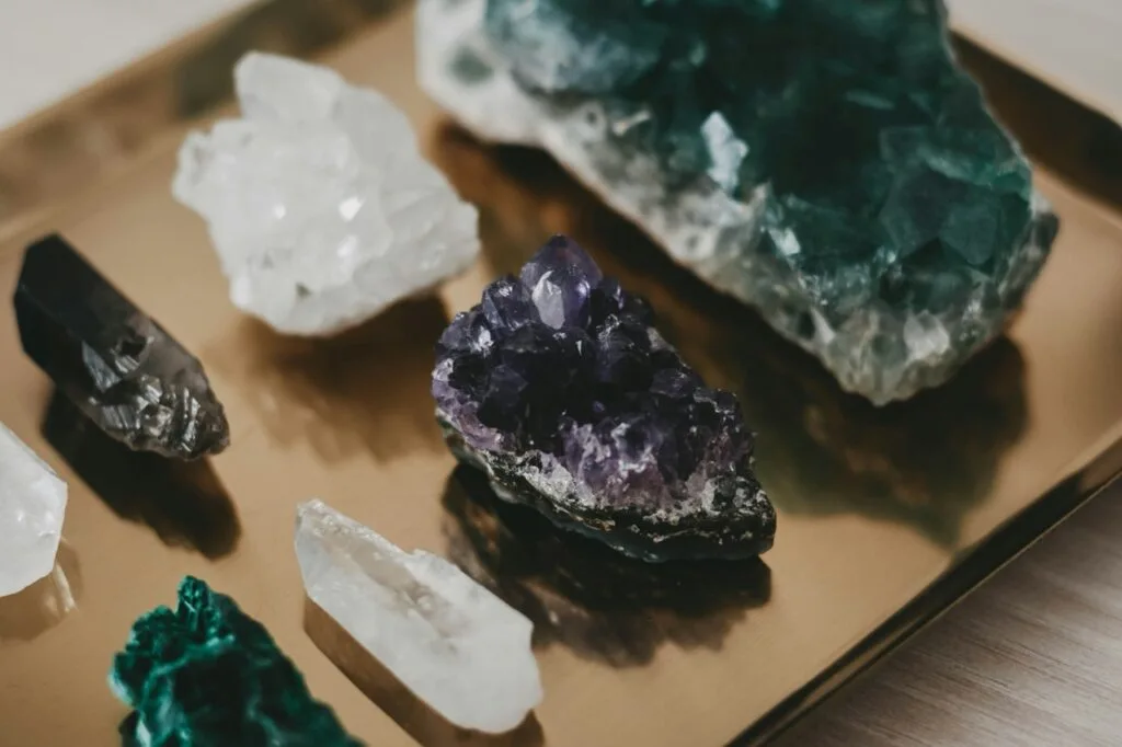 close up photo of organised crystals on a display tray