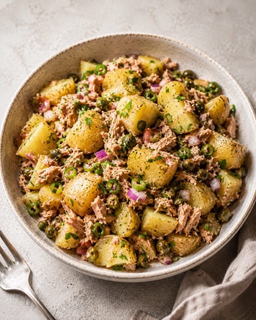 warm potato salad with tuna for one person